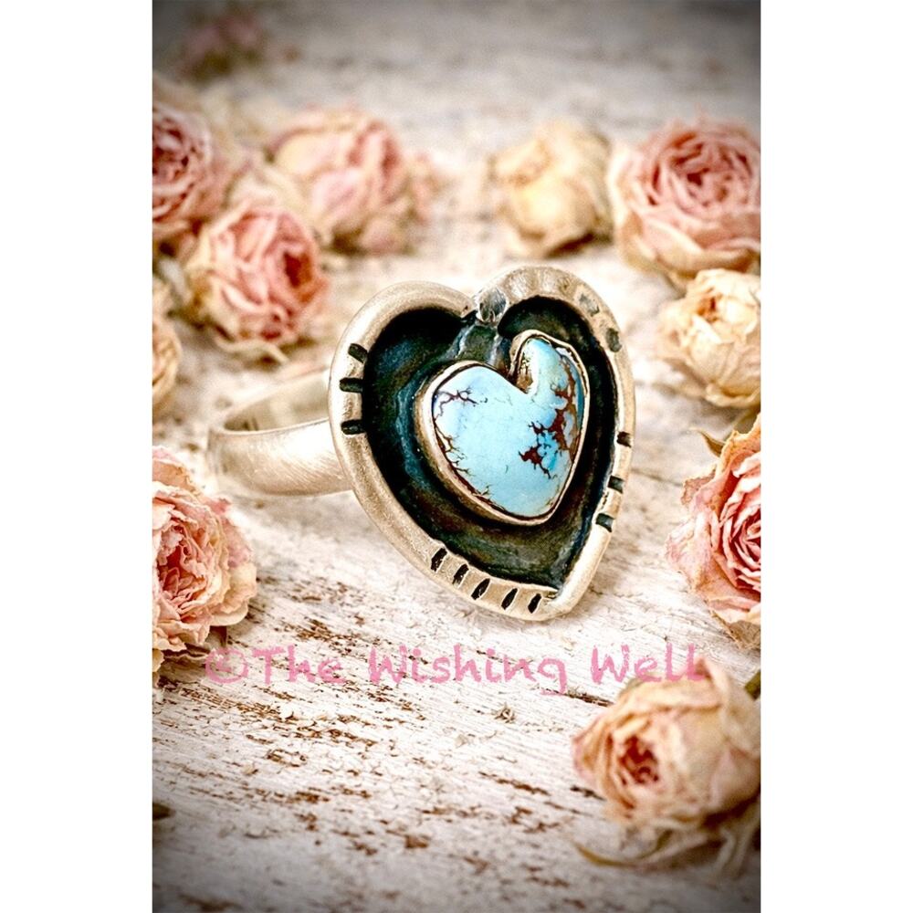 Picture Box Golden Hills Turquoise Heart Ring Artisan Sterling Size Adjustable - Picture 3 of 9